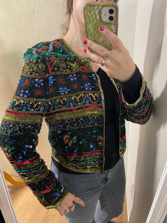 Vintage 80s 90s sequined cropped jacket holiday N… - image 2
