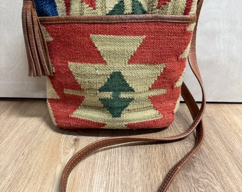 Vintage 80s 90s Turkish style Kilim wool and leather bag tapestry style leather bag purse