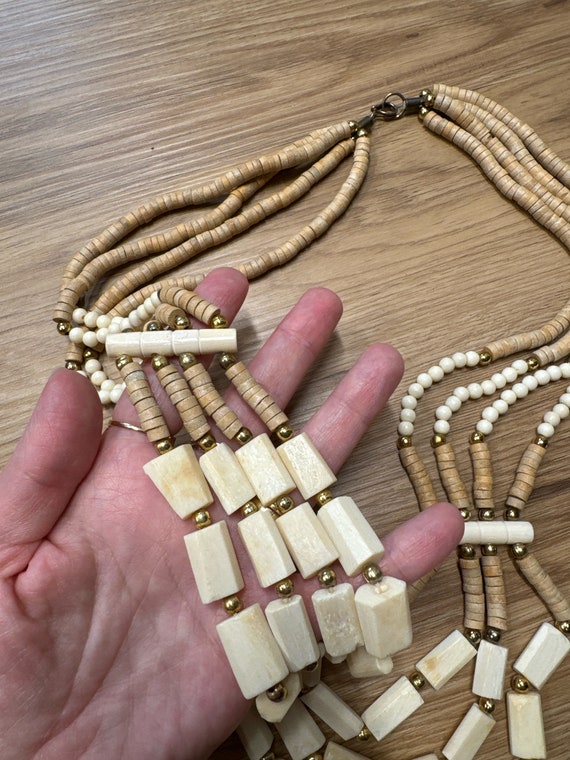 Vintage 70s 80s carved bone multi strand necklace… - image 8