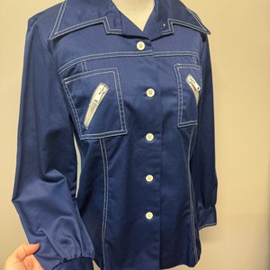 Vintage 60s 70s navy and white stitching nautical style unisex button up top