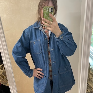 Vintage 80s Koret light denim chore jacket gingham trim