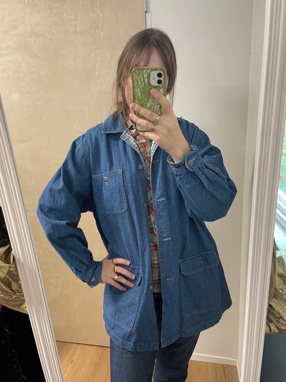 Vintage 80s Koret light denim chore jacket gingha… - image 1