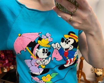 美品80’s SUNDAY COMICS “Disney Mickey” 刺繍 80s SUNDAY COMICS DISNEY エアロビ ミニーマウス パイル刺繍