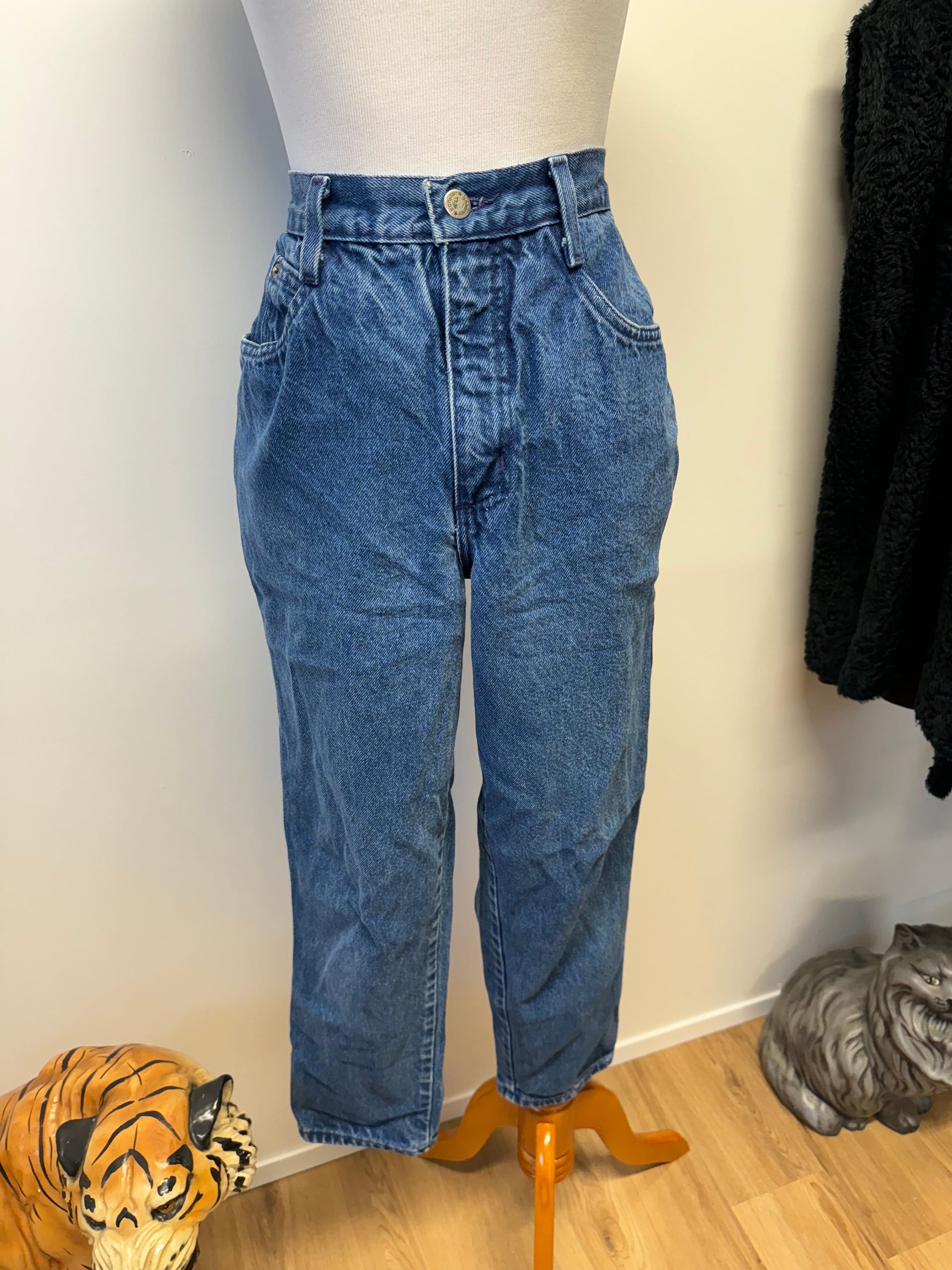 Jeans Vintage Taille Haute Bleu Bonjour - Coupe Mom, Taille 7/8, 100% Coton, Occasion Très Bon état