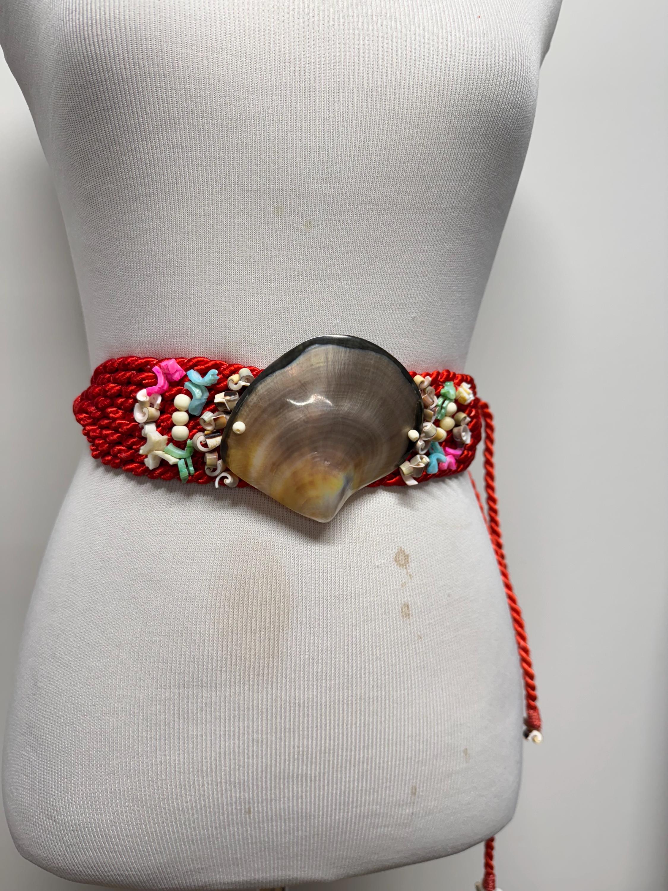 Vintage 70s 80s Mother of Pearl Shell Belt Braided Cord Belt  display picture 3