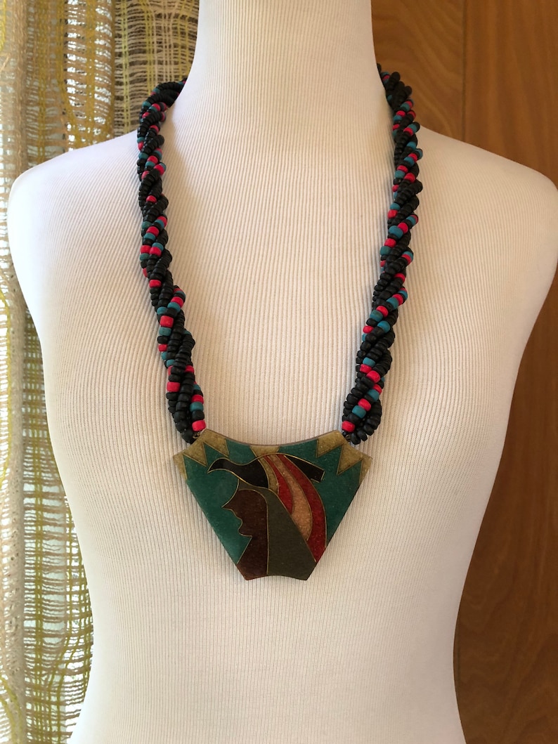 Vintage 80s Egyptian Themed Beaded Statement Necklace Mosaic in Resin