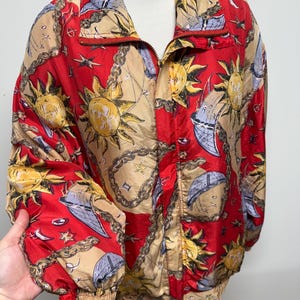 Vintage 80s 90s Versace-like silky bomber jacket flags rope bright colors