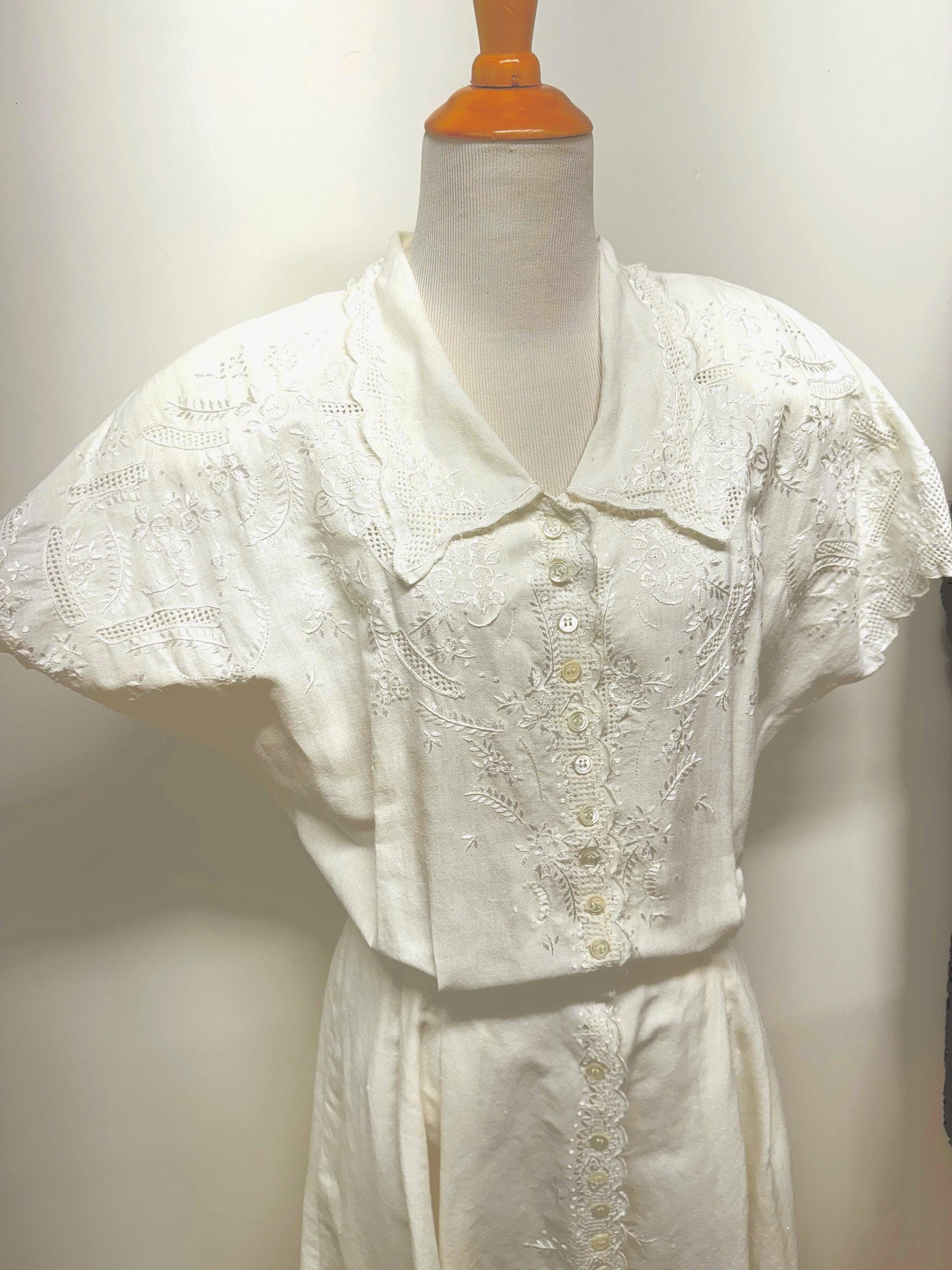 Vintage 80s 90s cotton eyelet and embroidered cottage core dress organic fabric