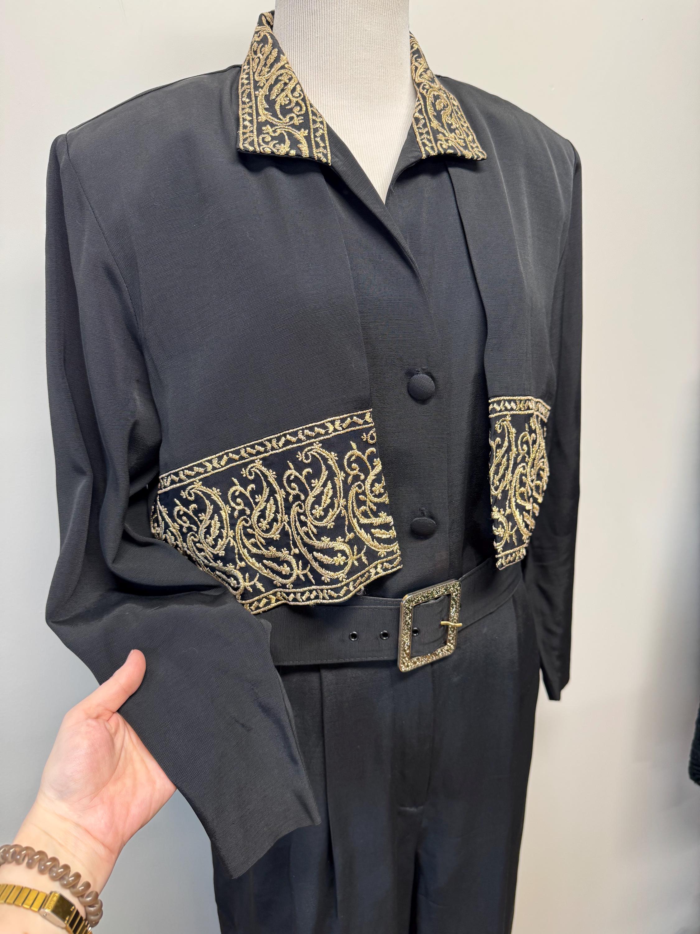 Vintage 90s Black Jumpsuit With Gold Metallic Embroidery and Faux