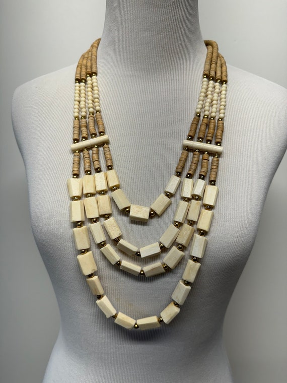 Vintage 70s 80s carved bone multi strand necklace… - image 3