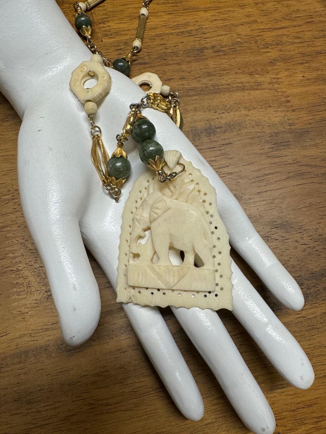 Vintage 60s 70s Carved Bone Necklace With Stone Beads and Elephant ...