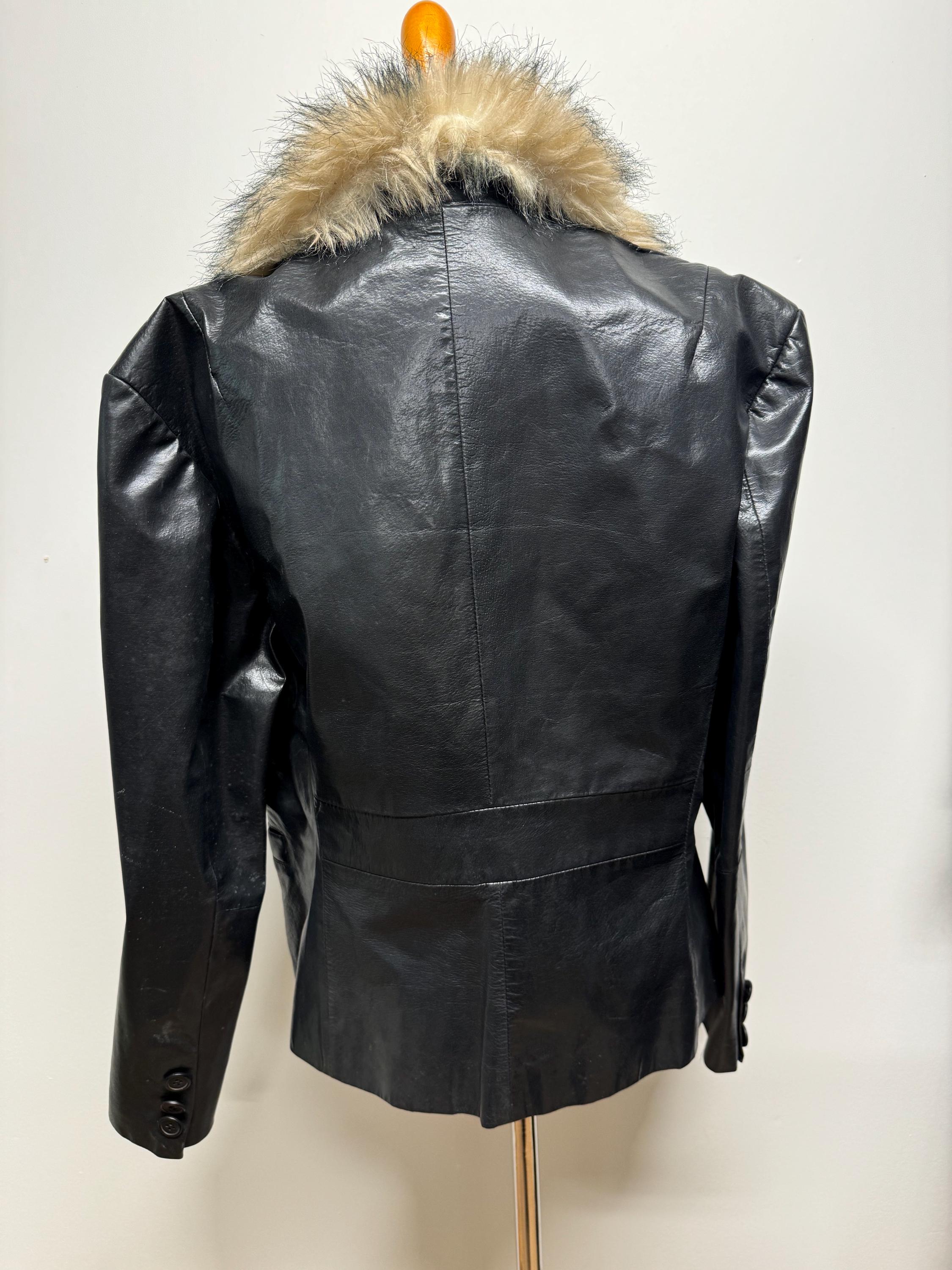 Vintage 90s Y2k Black Leather Jacket With Faux Rabbit Fur Collar