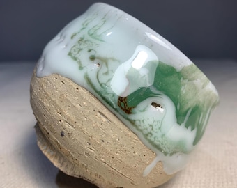 Handmade Stoneware Coffee Cup - Light Green Drippy Glaze, Engraved Texture (130ml)
