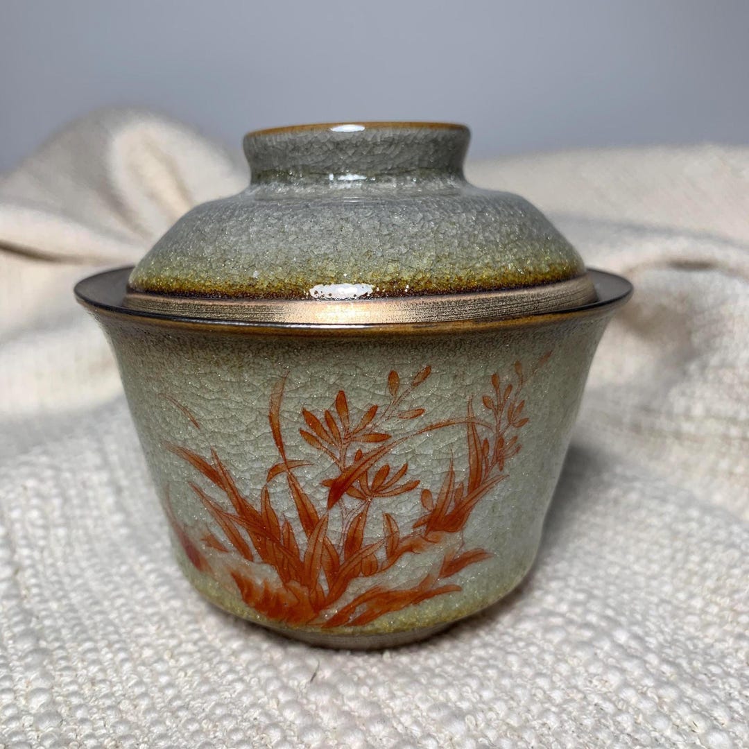 100ml - Studio Pottery 925 Silver Rim and Foot Hand-painted Red Spider ...