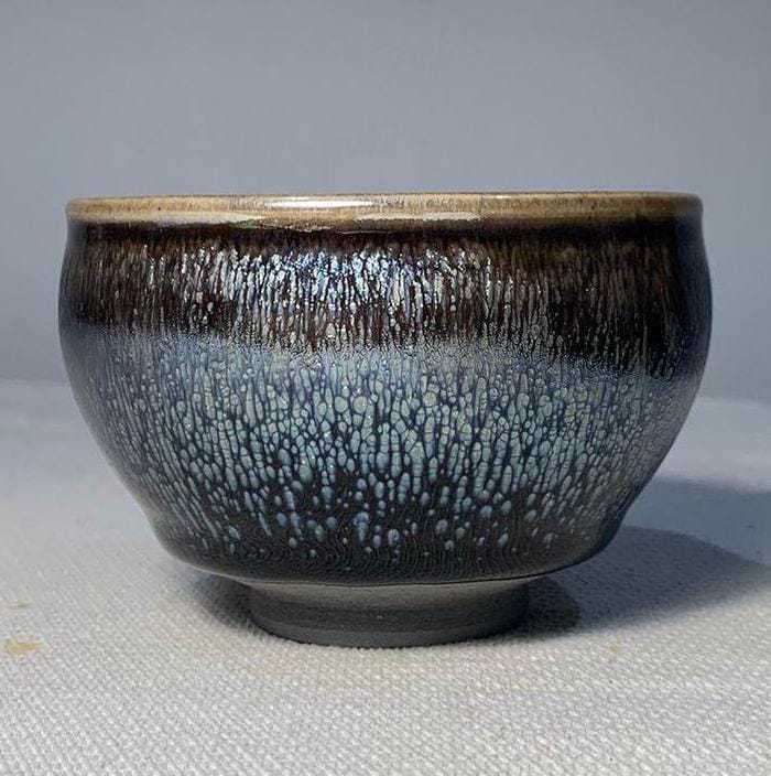 130ml - Handgefertigte Studio Keramik Japanische Schwarze Tenmoku Silber Ölfleck Goldener Rand Steingut Tasse
