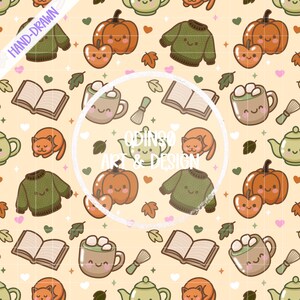 Modello senza cuciture kawaii autunnale / Clipart autunnale carino con tazza di gatto con maglione e zucca / Download digitale per lavori di sublimazione