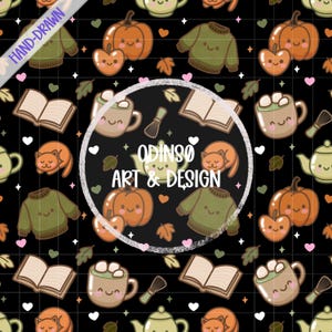 Modello senza cuciture kawaii autunnale / Clipart autunnale carino con tazza di gatto con maglione e zucca / Download digitale per lavori di sublimazione