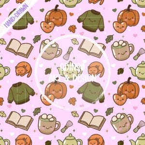 Modello senza cuciture kawaii autunnale / Clipart autunnale carino con tazza di gatto con maglione e zucca / Download digitale per lavori di sublimazione