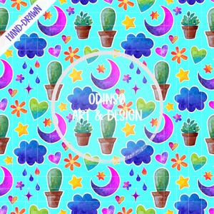 Motivo acquerello senza soluzione di continuità, con lune, cactus, stelle, cuori e nuvole, ideale per tutte le età