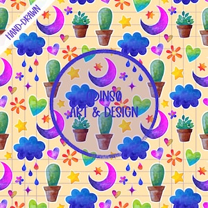 Motivo acquerello senza soluzione di continuità, con lune, cactus, stelle, cuori e nuvole, ideale per tutte le età
