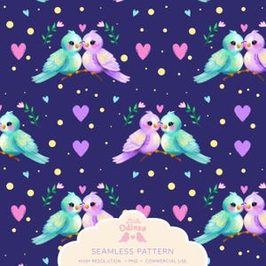 Puede incluir: Patrón sin costuras con aves de dibujos animados en verde azulado y morado sobre una rama, con corazones rosas y puntos amarillos sobre un fondo azul oscuro. El texto "Little Odinso" y "Seamless Pattern" también son visibles.