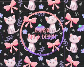 Cute Kittens, Flowers and Bows, seamless pattern