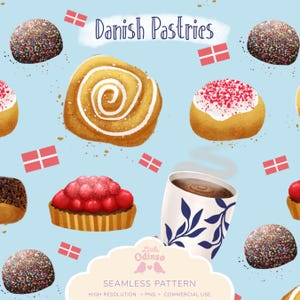 Dänisches Gebäck Nahtloses Muster PNG | Skandinavische Bäckerei Digitales Papier | Hygge Backen Rapportmuster | Kommerzielle Nutzung
