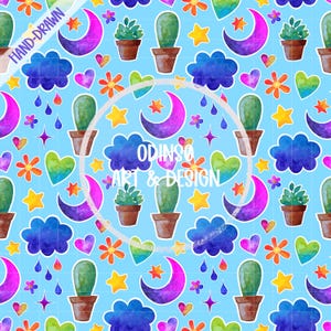 Motivo acquerello senza soluzione di continuità, con lune, cactus, stelle, cuori e nuvole, ideale per tutte le età