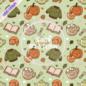 Modello senza cuciture kawaii autunnale / Clipart autunnale carino con tazza di gatto con maglione e zucca / Download digitale per lavori di sublimazione