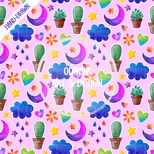 Motivo acquerello senza soluzione di continuità, con lune, cactus, stelle, cuori e nuvole, ideale per tutte le età