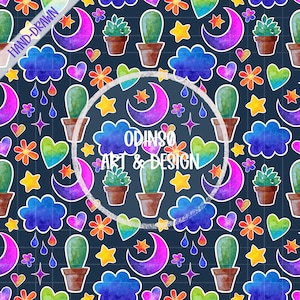 Motivo acquerello senza soluzione di continuità, con lune, cactus, stelle, cuori e nuvole, ideale per tutte le età