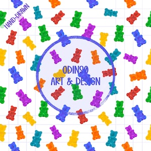 Rainbow Gummy Bear Seamless Pattern - Cute Colourful Candy Digital Paper Sweet Printable Background for Stickers & Crafts