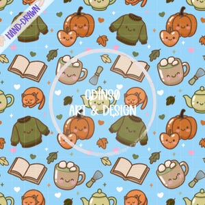 Modello senza cuciture kawaii autunnale / Clipart autunnale carino con tazza di gatto con maglione e zucca / Download digitale per lavori di sublimazione