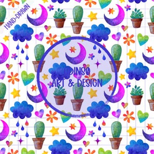 Motivo acquerello senza soluzione di continuità, con lune, cactus, stelle, cuori e nuvole, ideale per tutte le età