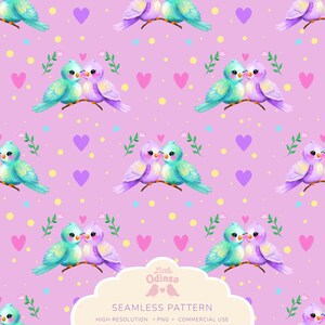 Puede incluir: Patrón sin costuras con aves de dibujos animados en ramas, sobre un fondo rosa con corazones y puntos. Las aves son turquesas y moradas. El texto "Little Odinso" y "Seamless Pattern" está en la parte inferior.