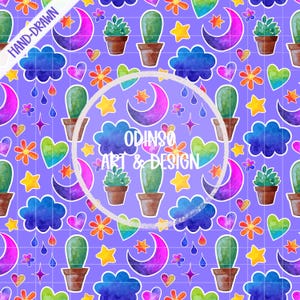 Motivo acquerello senza soluzione di continuità, con lune, cactus, stelle, cuori e nuvole, ideale per tutte le età