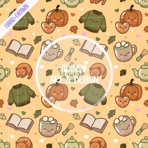 Modello senza cuciture kawaii autunnale / Clipart autunnale carino con tazza di gatto con maglione e zucca / Download digitale per lavori di sublimazione