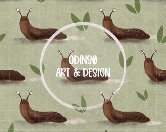 May include: A repeating pattern featuring brown slugs with antennae and smiling faces, interspersed with green leaf shapes, set against a light green background with a subtle grid. The text "ODINSO ART & DESIGN" is in a white circle.