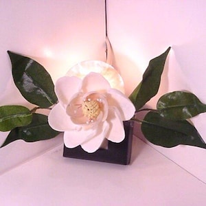 Beach Seashell Magnolia shape night light. White clam shell petals, yellow stamen, green silk leaves. Delivered in  corsage box.