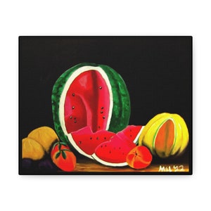 fruit still life painting, fruit still life canvas painting, watermelon painting, watermelon art, watermelon Canvas Gallery Wraps
