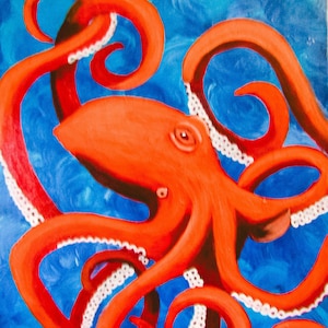 original colorful octopus painting, original colorful octopus canvas, abstract octopus painting, red octopus painting, unique octopus art