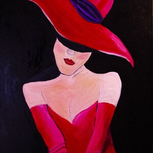 original lady in red canvas painting, lady in red original painting, woman in red original canvas painting, woman in red painting