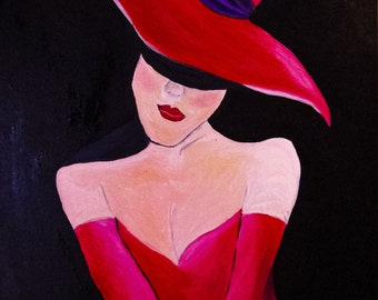 赤いドレスを着た女性の油絵 オリジナル抽象現代女性絵画 緑と赤の壁