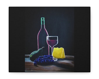 ワイン＆チーズの絵画、ワイン＆チーズのキャンバス、ワイン＆チーズの静物画、ワイン＆チーズのキャンバスギャラリーラップ
