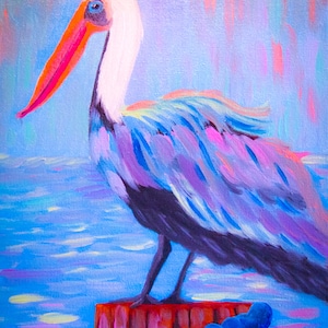 original colorful pelican painting, original colorful pelican canvas, impressionistic pelican painting, unique pelican painting, pelican art