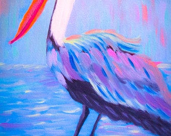 pintura original de pelicano colorido, tela original de pelicano colorido, pintura impressionista de pelicano, pintura única de pelicano, arte de pelicano