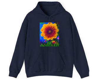 hoodie met kleurrijke bloemenprint, hoodie met bloemenprint, hoodie met unieke bloemenprint, unieke hoodie met bloemenprint, uniseks Heavy Blend™-sweater met capuchon
