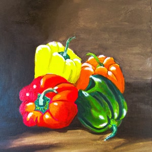 original colorful peppers painting, colorful peppers canvas painting, colorful peppers still life painting, colorful peppers artwork