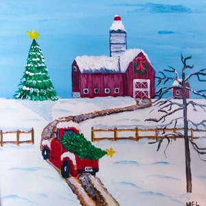pintura de natal do caminhão vermelho pequeno, pintura original do caminhão vermelho pequeno, tela original do caminhão vermelho pequeno, arte do caminhão vermelho pequeno