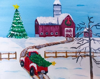 Red truck, Christmas, Holidays, snow, Christmas tree, red, truck